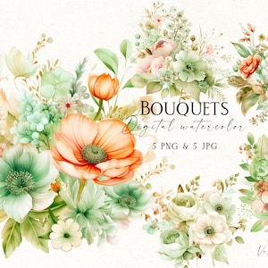 Mazzi di fiori pastello verdi PNG, Clipart di fiori ad acquerello, Set di bouquet floreali, Clipart di fiori ad acquerello, Design a sublimazione floreale