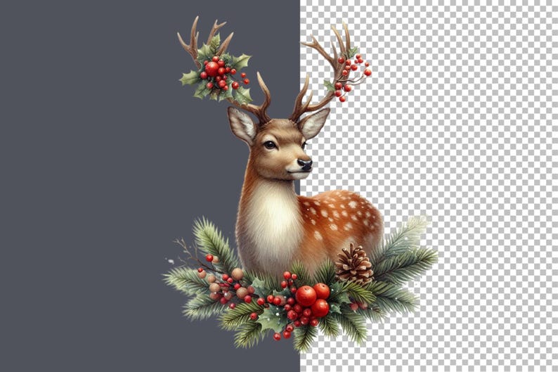 May include: A brown and white spotted deer with antlers adorned with red berries and green holly leaves. The deer is sitting in a wreath of green pine branches and red berries.