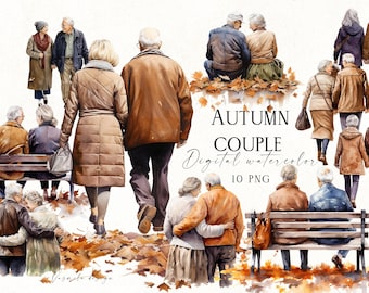Autumn Old Couple PNG, Watercolor Fall Clipart, Cozy Autumn PNG, Autumn Scene, Love Clipart, Romantic Graphics