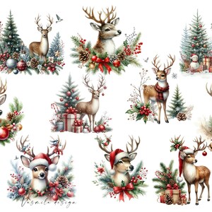 May include: A digital illustration of ten Christmas-themed images featuring deer with red and green accents. The deer are surrounded by pine branches, ornaments, and other festive decorations.