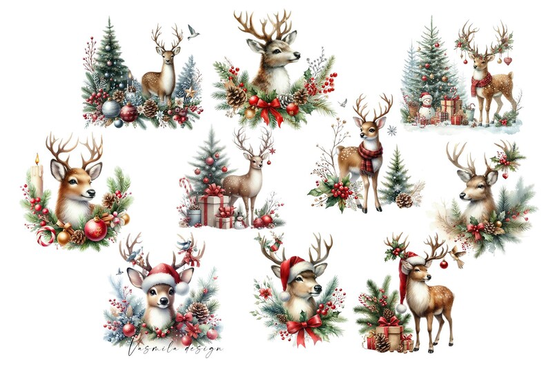 May include: A digital illustration of ten Christmas-themed images featuring deer with red and green accents. The deer are surrounded by pine branches, ornaments, and other festive decorations.