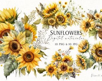 Ramo de girasoles en acuarela: Clipart floral rústico (descarga digital)