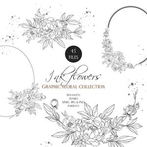 Floral Line Art Bouquets PNG, Ink Flower Frames PNG, Hand Drawn Floral Bouquets, Outline Wedding Graphics, Digital Clipart