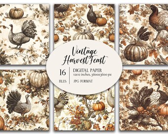 May include: A collection of 16 digital paper files titled Vintage Harvest Feast, 12x12 inches, 3600x3600 px, JPG format. The patterns feature sepia-toned illustrations of turkeys, pumpkins, and autumn foliage on a cream-colored background.