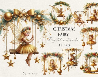 Christmas Fairy Clipart Bundle, Golden Winter PNG, Watercolor (Digital Download)