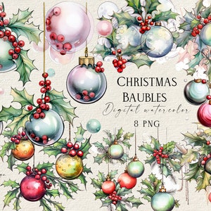 Palline di Natale PNG, Agrifoglio di Natale e palline Clipart, Clipart di Natale ad acquerello, Clipart di decorazioni invernali, Download digitale