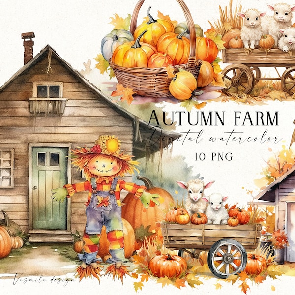 Watercolor Farm Clipart PNG, Fall Cozy Cute Farm Images, Autumn Clipart Bundle, Watercolor Thanksgiving Pumpkins, Harvest Feast Graphics