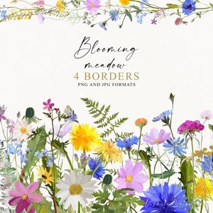 Bordas de flores silvestres PNG, Bordas de flores Clipart, Flores do prado PNG, Clipart de flores, Clipart floral de casamento, Flores desenhadas à mão