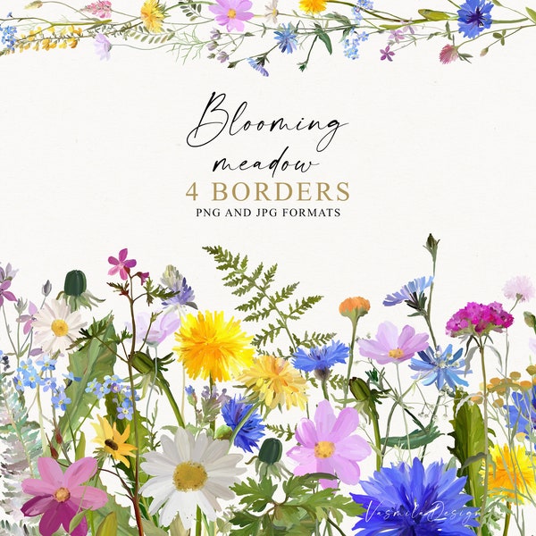 Wildflower Floral Borders, Summer Meadow Flowers, Flower Borders, Digital Clipart Png, Flower Clipart, Wedding Clipart Png