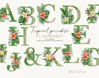 Watercolor Tropical Alphabet PNG, Exzotic Flower letters Clipart, Floral Letters PNG, Summer Text Elements PNG, Green Watercolor  Letters