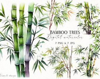 Watercolor Bamboo Trees Clipart: Tropical Landscape PNG (Digital Download)