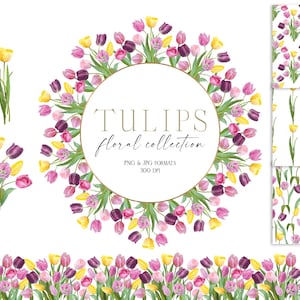 Tulp bloemenranden frames png, bloeiende tulp boeketten clipart, naadloze bloemenpatronen, bruiloft graphics, hand getrokken, geen AI gegenereerd