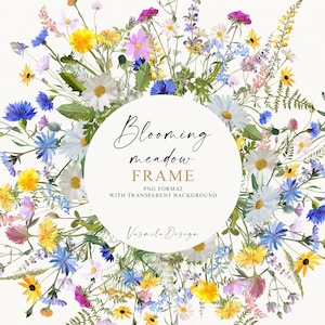 野生の花の丸いフレーム PNG、手描きの花のフレーム、草原の花、デジタル花のボーダー、結婚式のクリップアート、手描き、AI 生成ではありません