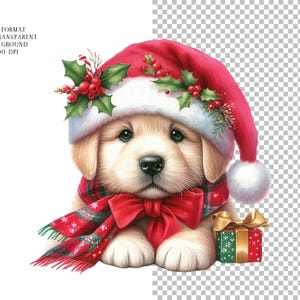 May include: A watercolor illustration of a golden retriever puppy wearing a red Santa hat adorned with holly and berries, a red plaid scarf, and a red bow. A small gift box with a gold bow is also present.