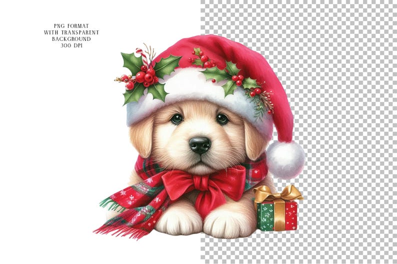 May include: A watercolor illustration of a golden retriever puppy wearing a red Santa hat adorned with holly and berries, a red plaid scarf, and a red bow. A small gift box with a gold bow is also present.