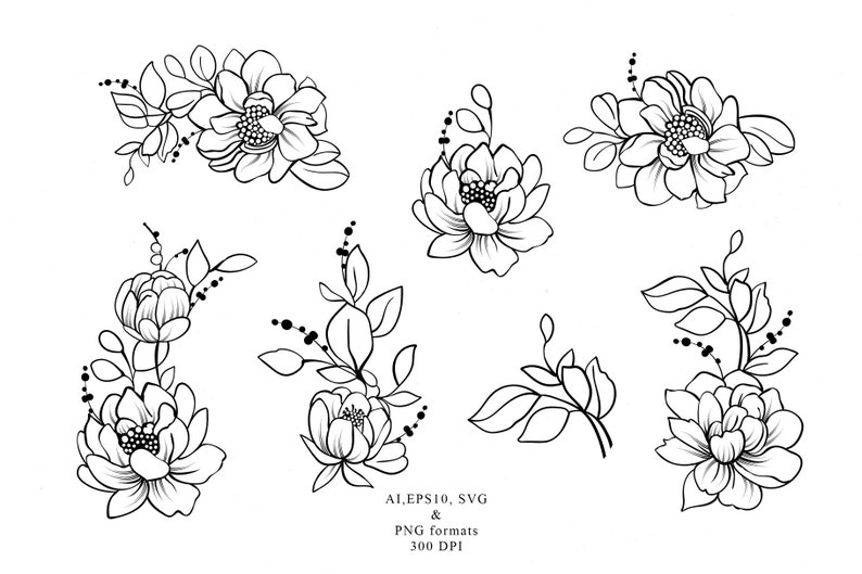 Hand Drawn Line Art Floral Arrangements SVG, Outline Flower Wreath ...