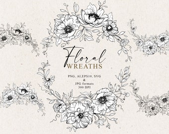 Floral Line Art Wreaths, Hand Drawn Outline Floral Bouquets, Botanical Wedding Graphic, Flower Sublimation SVG, Digital Clipart