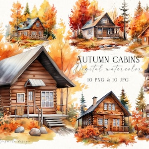 Cabane en rondins d'automne dans les bois, clipart cabine png, lot de cabane en rondins aquarelle, clipart maisons forestières, téléchargement numérique