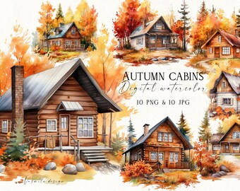 Cabane en rondins d'automne dans les bois, clipart de cabane (PNG), ensemble de cabanes en rondins à l'aquarelle, clipart de maisons forestières, clipart d'automne à l'aquarelle