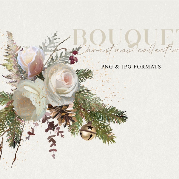 Floral Bouquet Wedding Clipart Rose Flowers PNG Christmas Roses Garland Winter Holiday Sublimation Digital Download