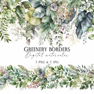 Puede incluir: Ilustración digital en acuarela con bordes de vegetación. La imagen muestra una variedad de hojas verdes, incluyendo eucalipto y otros follajes, con delicadas flores blancas y toques de púrpura. El texto dice "Greenery Borders Digital watercolor".