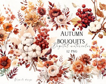 May include: Watercolor digital art of autumn bouquets in shades of orange, red, and cream. The image features various floral arrangements, including cotton, berries, and leaves. Text reads "Autumn Bouquets Digital Watercolor 12 PNG".