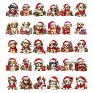 May include: A collection of adorable puppies dressed in festive Christmas attire. Each puppy wears a Santa hat and is surrounded by holiday decorations like presents, wreaths, and Christmas trees. The puppies have various fur colors and are in different poses.