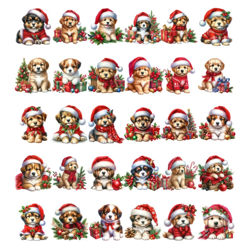 May include: A collection of adorable puppies dressed in festive Christmas attire. Each puppy wears a Santa hat and is surrounded by holiday decorations like presents, wreaths, and Christmas trees. The puppies have various fur colors and are in different poses.