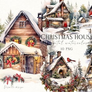 Clipart kersthuis, aquarel kersthuis png, winterhuizen met kerstversiering, winterdorp png, digitale download