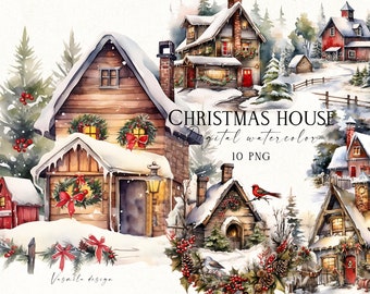 May include: Watercolor illustration of several snow-covered Christmas houses. The houses are decorated with wreaths, bows, and lights. The image includes text that reads "CHRISTMAS HOUSE Digital watercolor 10 PNG".