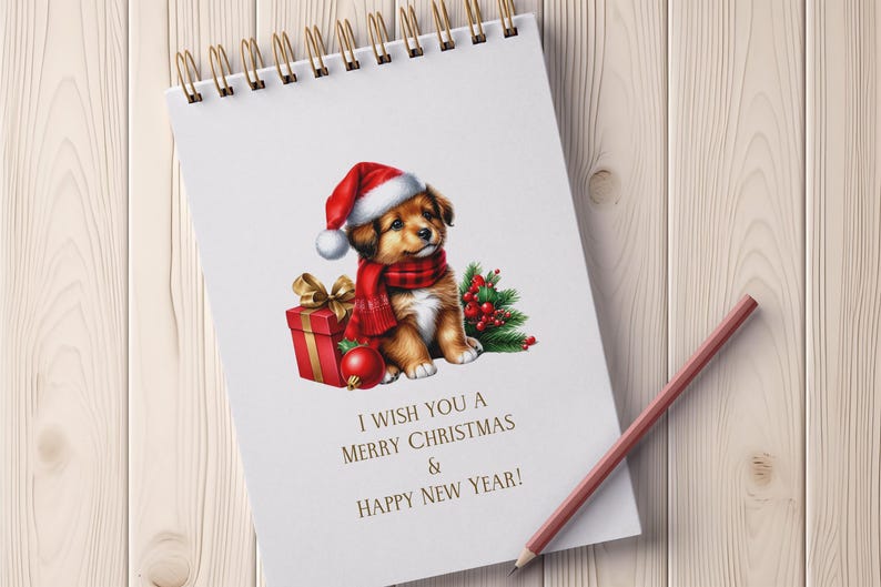 May include: A spiral-bound notepad with a Christmas illustration. A puppy wearing a Santa hat and scarf sits next to a wrapped gift and ornaments. The text reads, "I wish you a Merry Christmas & Happy New Year!" A pencil rests on the wooden surface.