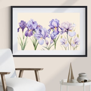 K&ouml;nnte beinhalten: Ein gerahmtes Aquarellbild von lila und wei&szlig;en Irisbl&uuml;ten auf cremefarbenem Hintergrund.