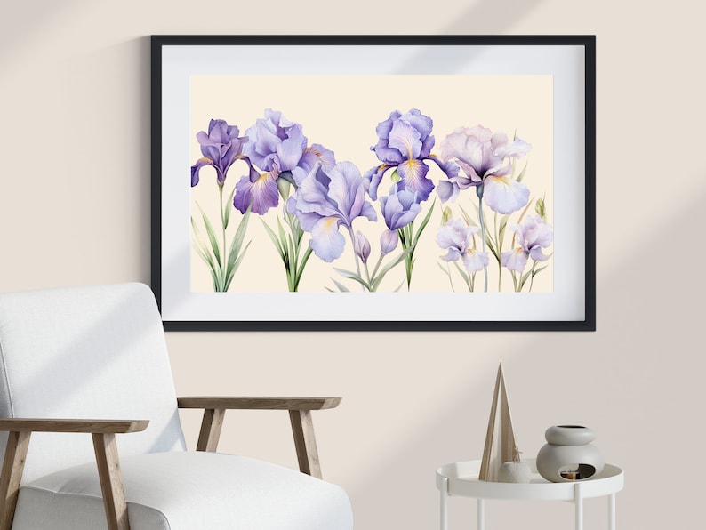 K&ouml;nnte beinhalten: Ein gerahmtes Aquarellbild von lila und wei&szlig;en Irisbl&uuml;ten auf cremefarbenem Hintergrund.