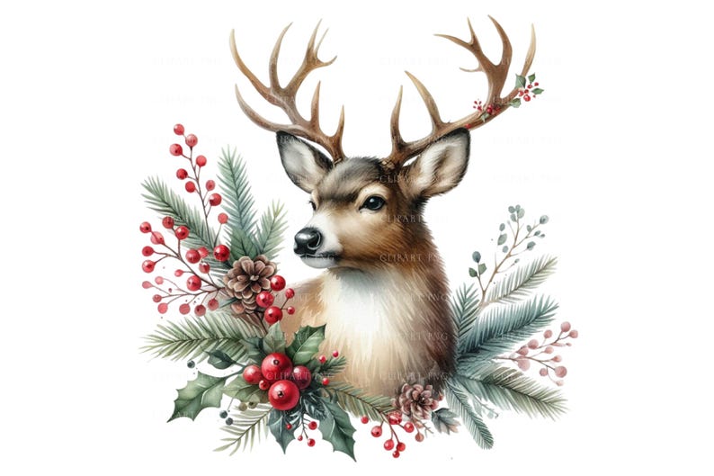 Watercolor Christmas Reindeer Clipart: Holiday PNG Bundle (30 Files) image 9