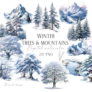 Clipart foresta invernale ad acquerello, paesaggio forestale innevato, montagne e alberi invernali, clipart foresta invernale, albero di pino png, albero del bosco