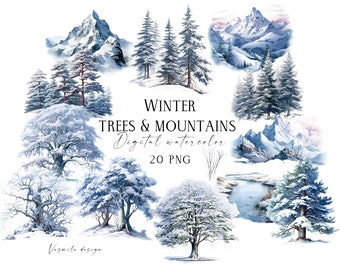 Op de afbeelding: Een set van 20 digitale aquarel illustraties van winterbomen en bergen. De set bevat verschillende besneeuwde bomen, bergen en een rivier. De tekst "WINTER TREES & MOUNTAINS Digital watercolor 20 PNG" is in de afbeelding opgenomen.