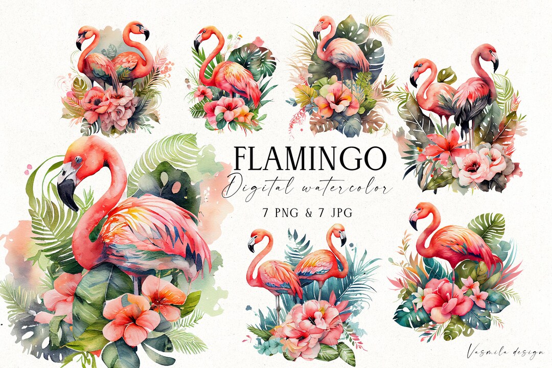 Watercolor Tropical Flamingos PNG, Tropical Flowers Clipart, Watercolor ...