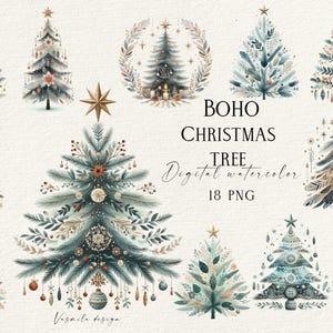 Boho sapin de Noël Clipart, sapin de Noël PNG Clipart Bundle, sapin de Noël Boho PNG, aquarelle décoration hiver Clipart