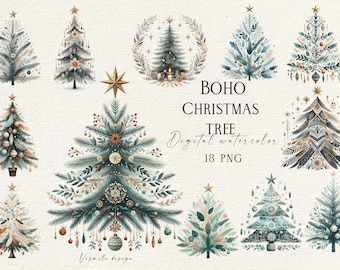 May include: A set of 18 digital watercolor illustrations of boho Christmas trees. The trees are decorated with various ornaments, stars, and other festive elements. The illustrations are perfect for adding a touch of whimsy and charm to your holiday projects.
