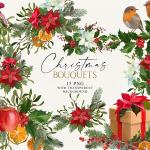 Buquês florais de Natal Png, Guirlandas de inverno Clipart, Flores de poinsétia Png, Clipart digital, Desenhado à mão, Não gerado por IA