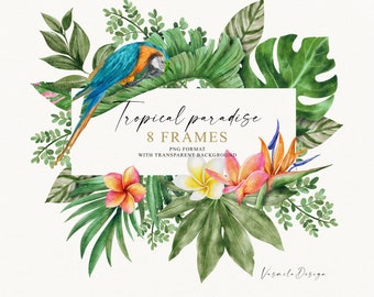 Watercolor Tropical Frames Clipart, Summer Borders PNG, Tropical Leaves and Flowers Frames, Palm Leaves Frame PNG, Hawaiian Flowers Border