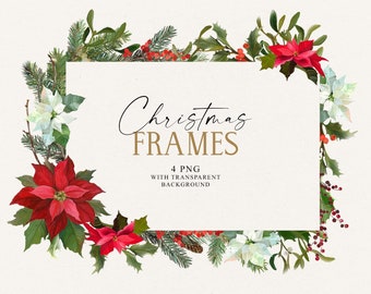 Christmas Floral Frames Clipart: Hand-Drawn Poinsettia PNG (Digital Download)