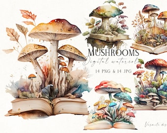 May include: A collection of watercolor illustrations featuring various mushrooms growing out of open books. The text MUSHROOMS Digital watercolor 14 PNG & 14 JPG is visible in the center, with Vasmila design in the bottom right corner.