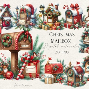 Imágenes prediseñadas de buzón de Navidad, paquete de imágenes prediseñadas de buzón PNG, acebo navideño y buzón PNG, imágenes prediseñadas de decoración de invierno en acuarela