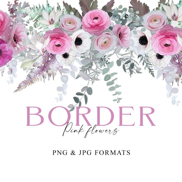 Border Pink Flowers PNG, Floral Greenery Garland, Flower Sublimation Graphics, Pink Flowers Frame PNG, Digital Clipart PNG, Wedding graphic