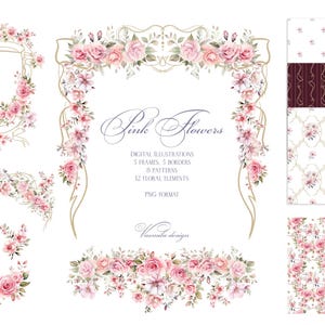 Pink Flower Wedding Set, Borders PNG, Watercolor Bouquets and Frames, Vintage Style Floral Graphics, Seamless Patterns, DIY Wedding Clipart