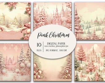 May include: A set of 10 digital paper files featuring Pink Christmas themes with snowy landscapes, castles, pine trees, and ornaments. The central text reads Pink Christmas, 10 FILES, 12x12 inches, 3600x3600 px, JPG FORMAT, 300 DPI.