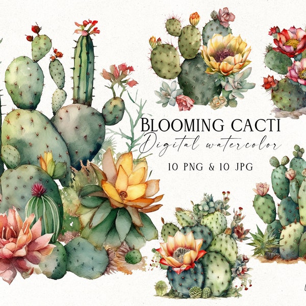 Blooming Cacti Clipart, Watercolor Cactus PNG Clipart, 10 Printable Desert Clipart, Watercolor Digital Cacti Illustrations, Digital Download