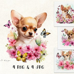 Clipart chihuahua aquarelle : floral chiot PNG (téléchargement numérique)