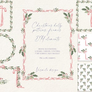 Bordures florales de Noël, cadres de houx de Noël, guirlandes de Style vintage, papier numérique sans couture, clipart Noël PNG